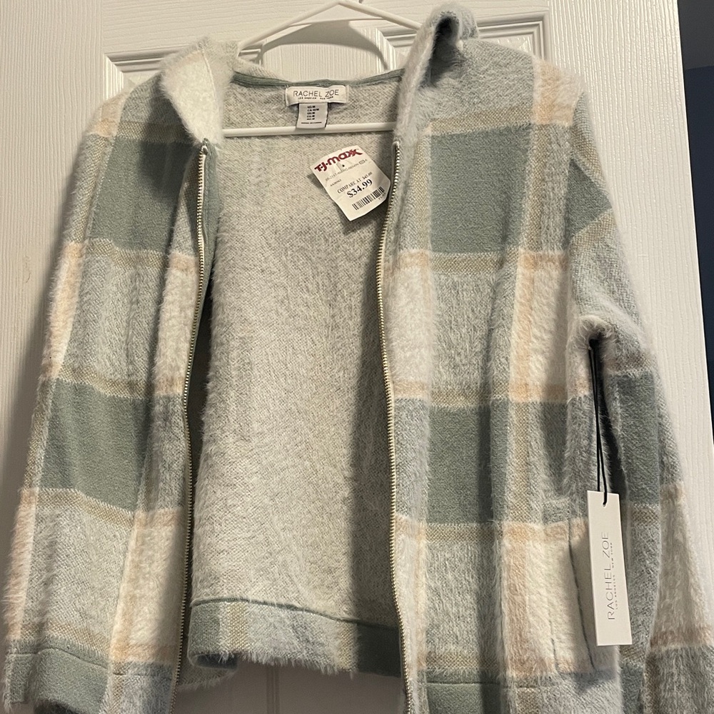 Rachel Zoe Checkered Hooded Jacket in Green and Cream